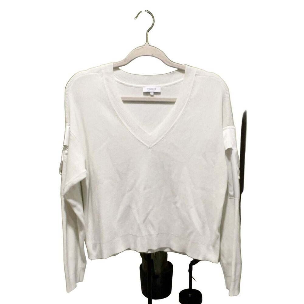 Parker V-Neck Sweater Women's S Ivory Long Sleeve Pockets Pullover Casual